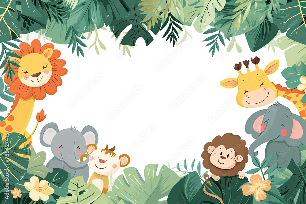 Fototapeta premium Jungle wallpaper in cute cartoon style with animals. Empty space in the middle.