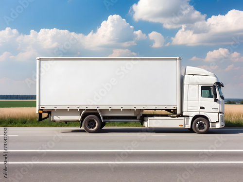 A white cargo truck design with a white blank empty trailer for an ad on a highway road in Europe design.