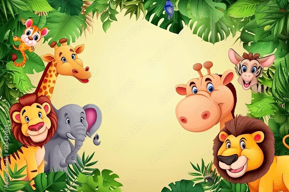 Fototapeta premium Jungle wallpaper in cute cartoon style with animals. Empty space in the middle.