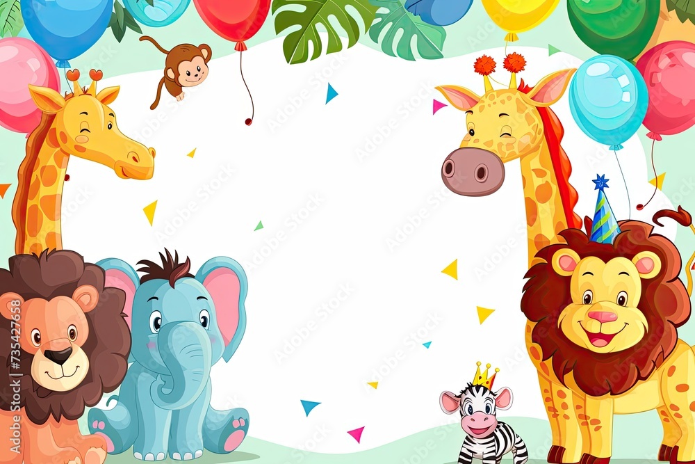 Obraz premium Jungle wallpaper in cute cartoon style with animals. Empty space in the middle.