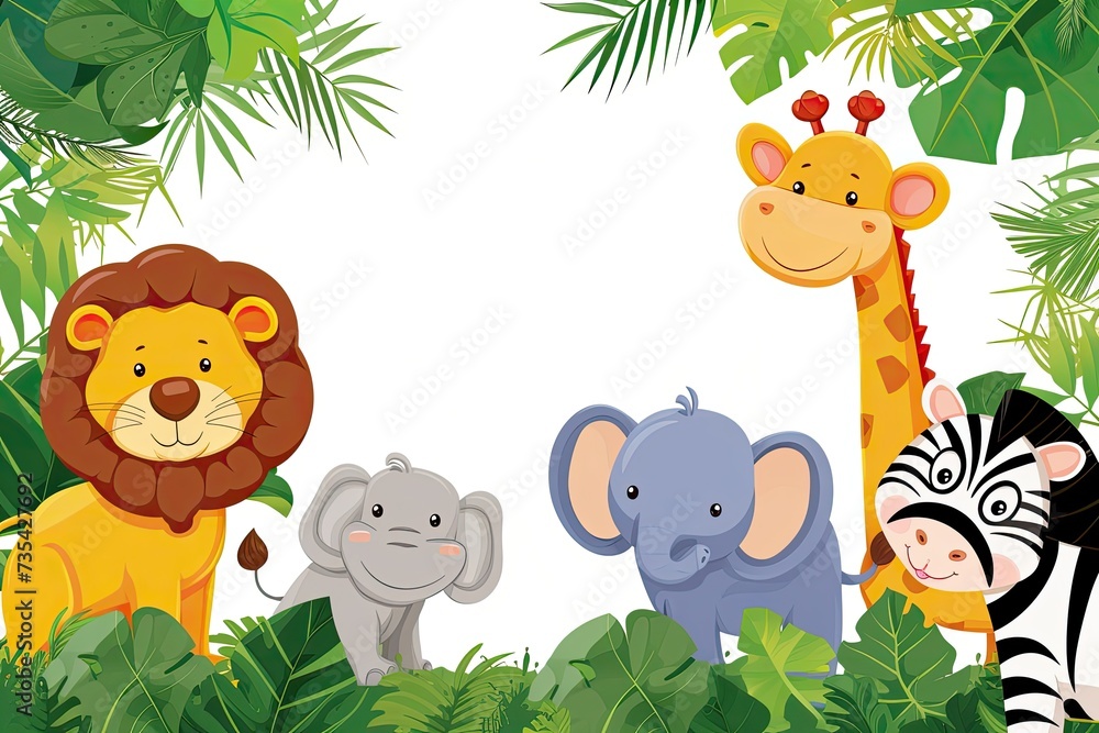 Fototapeta premium Jungle wallpaper in cute cartoon style with animals. Empty space in the middle.