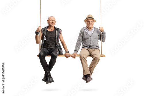 Punk and senior man sitting together on a wooden swing