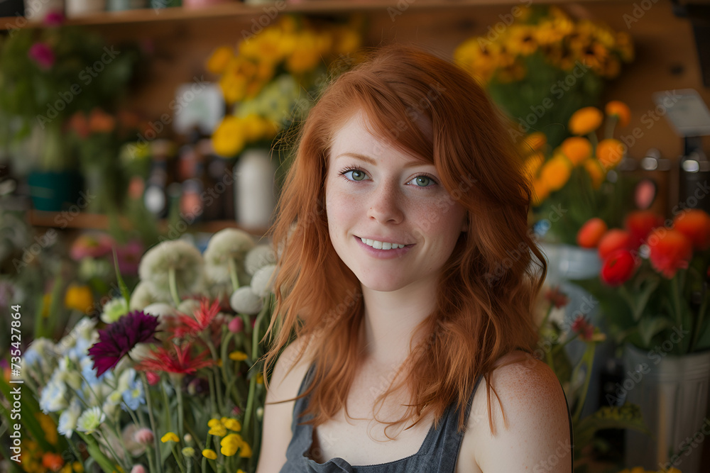 flower store redhead seller retail home office shop. Small owner young adult woman Gen Z people happy smile pride, woman in a greenhouse