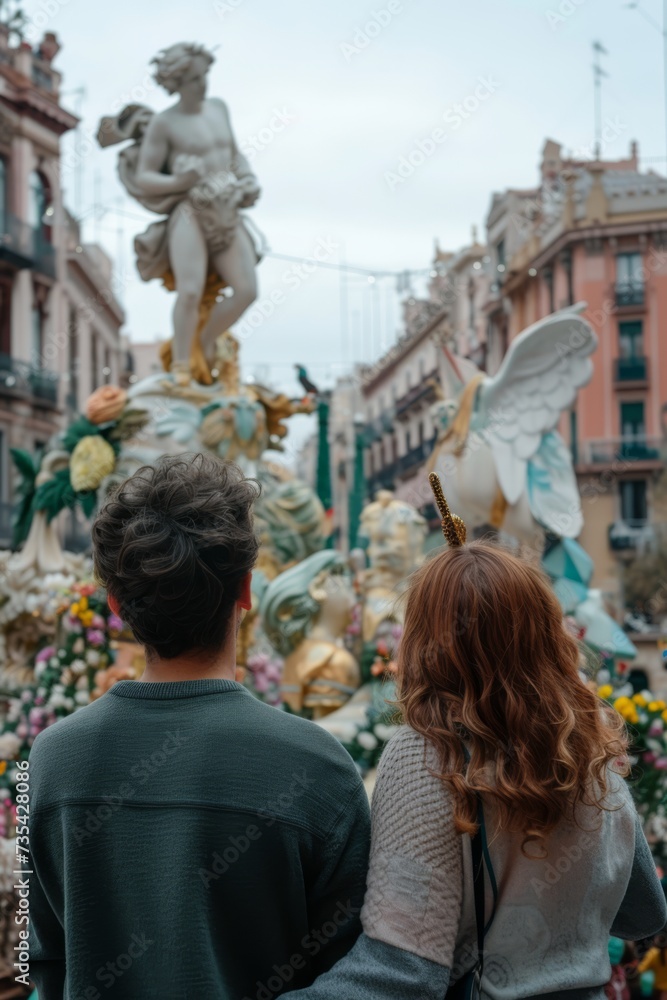 view from behind, a couple view the impresionant monument of las fallas festivity in Valencia


