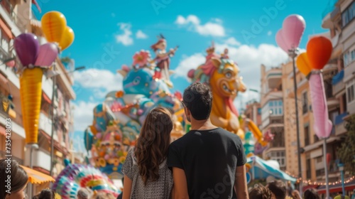 view from behind, a couple view the impresionant monument of las fallas festivity in Valencia


 photo