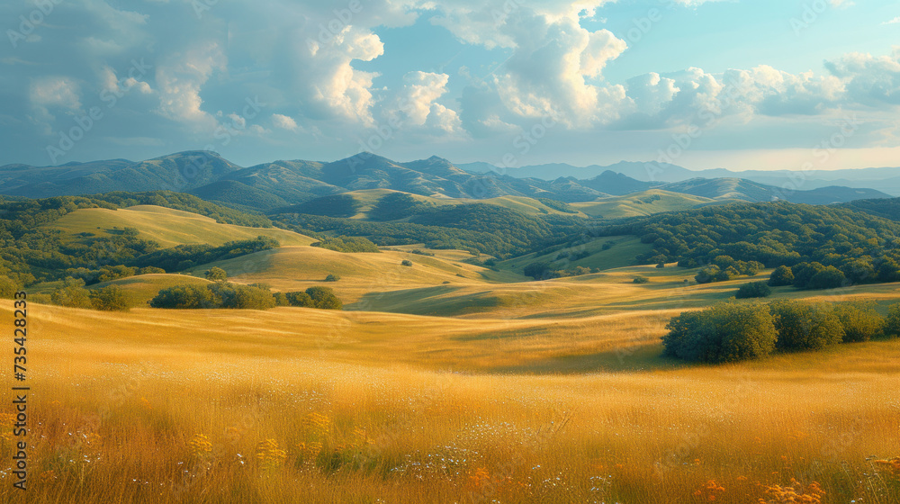 Obraz premium Landscape, natural, scenery, rolling, picturesque, view, outdoor, beauty, hilly, terrain, countryside, serene, hillside, panorama, nature, scene, rural, environment, tranquil, scenic, undulating, gree