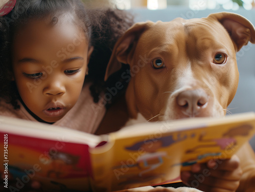young child with dog reading book