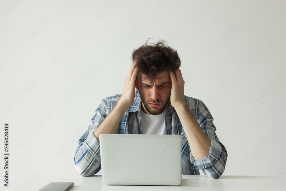 Overwhelmed: Upset Man at White Table with Laptop Overwhelmed: Upset Man at White Table with Laptop