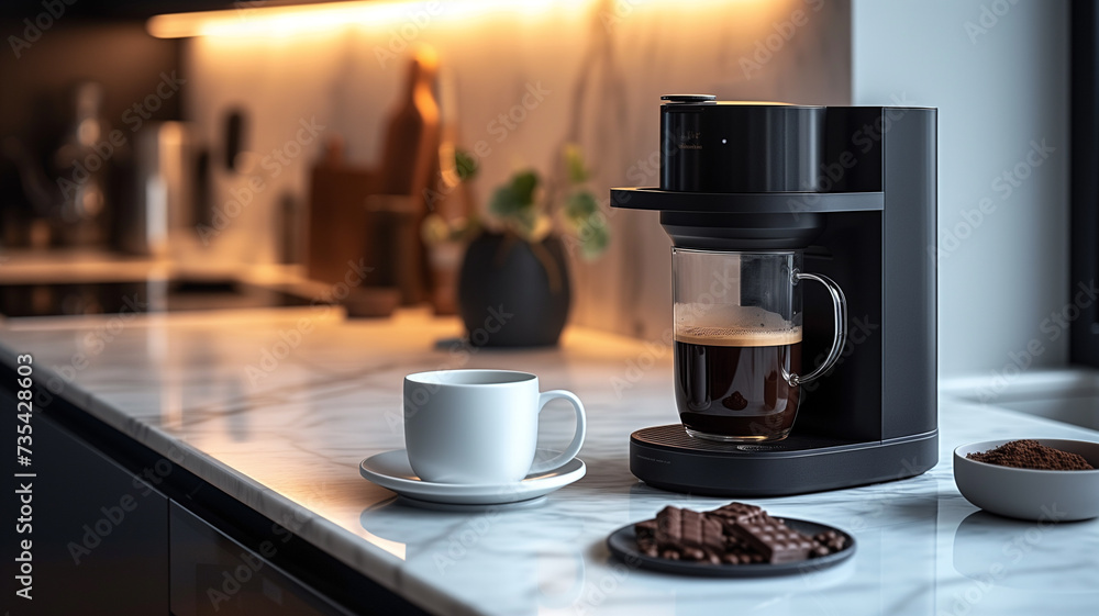 Obraz premium Kitchen Serenity: White Table with Coffee Cup and Maker