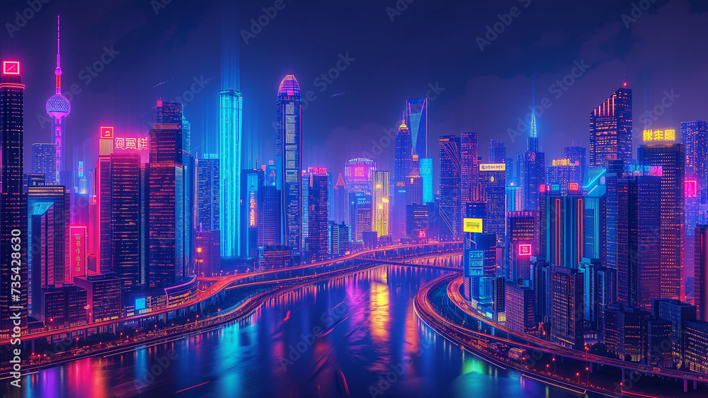 Neon Nightscape: Vibrant City Skyline Illuminated at Night