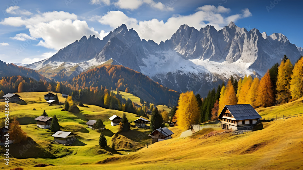 A village in switzerland a sunny day and a mountain valley houses against a mountain backdrop meadow and forest in mountains high resolution photograph
