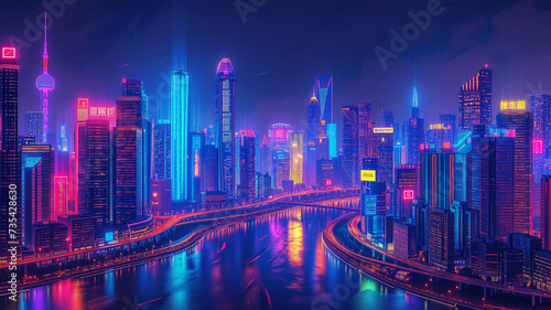 Neon Nightscape: Vibrant City Skyline Illuminated at Night © Kateryna