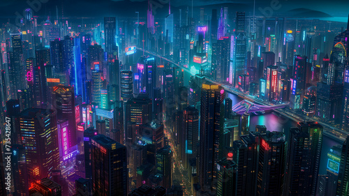 Neon Horizon  A Nighttime Panorama of Bustling Metropolis