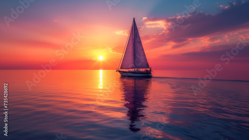 Tranquil Twilight Sail: Silhouetted Sailboat in Ocean Sunset