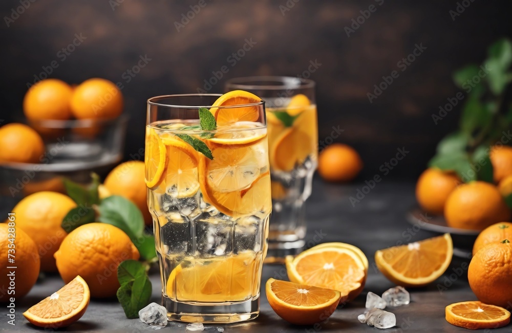 Orange slices and ice cubes with sparkling juice, fresh fruit lemonade with sparkling water and ice cubes, summer lemonade orange drink. Flat lay, top view Orange slices and ice cubes with sparkling juice, fresh fruit lemonade with sparkling water and ice cubes, summer lemonade orange drink. Flat lay, top view