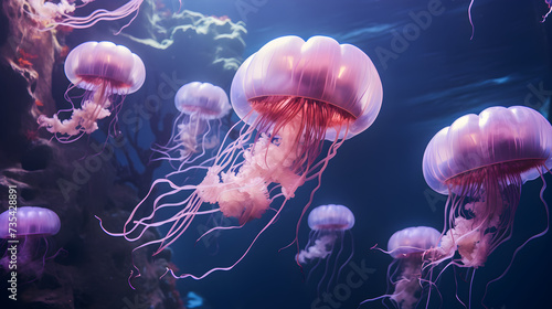 Jellyfish in an aquarium with the sun shining through the water,, A vibrant gold fish swims energetically through a playful pink and white liquid, captivating the imagination and bringing 