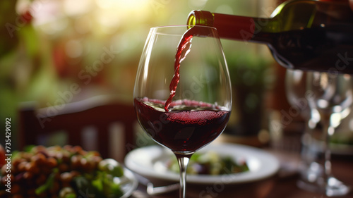 Wine Symphony: Pouring a Bottle into Glass Amidst Green and Red Table Setting