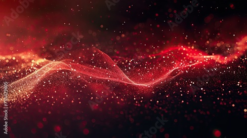 An abstract wave of red digital particles flowing over a dark background with a bokeh effect