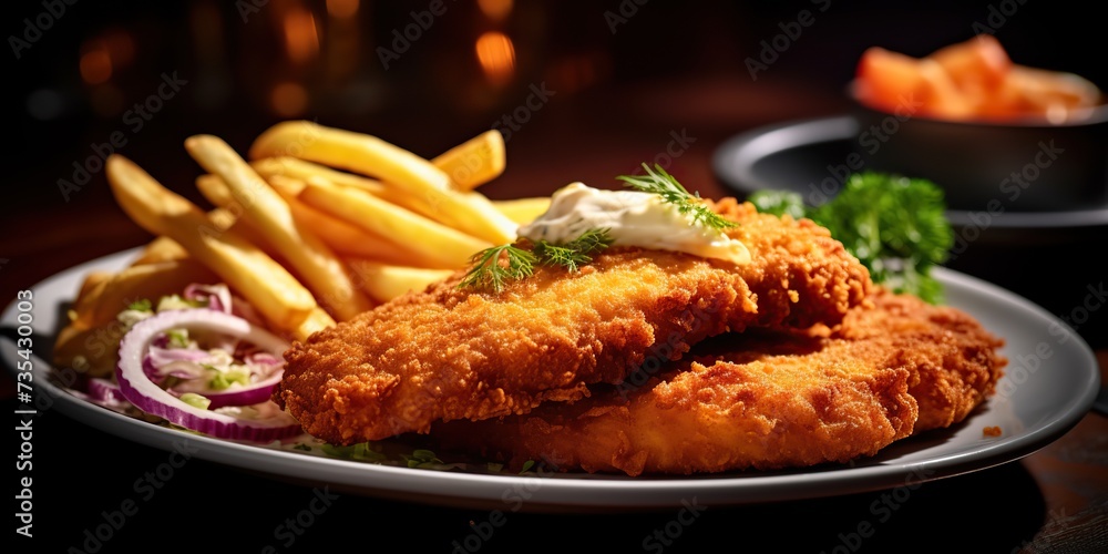 German tradition meal food schnitzel and fried potato fries and salad on plate view German tradition meal food schnitzel and fried potato fries and salad on plate view