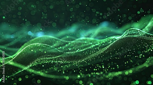An abstract wave of green digital particles flowing over a dark background with a bokeh effect