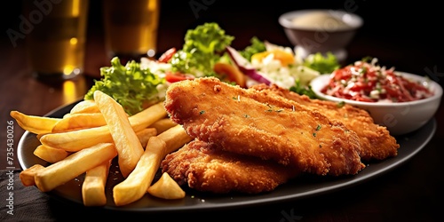 German tradition meal food schnitzel and fried potato fries and salad on plate view photo