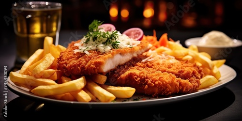 German tradition meal food schnitzel and fried potato fries and salad on plate view