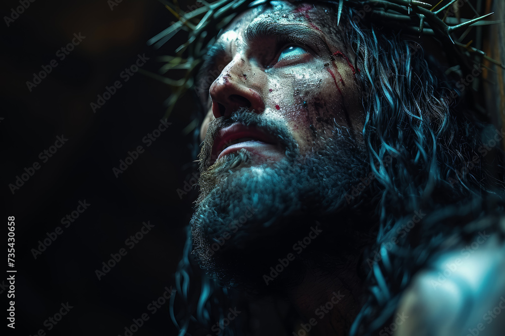 Imagination of The crucifixion scene with Jesus on the cross, surrounded by darkness and anguish, portraying the solemn moment of his ultimate sacrifice. Concept of crucifixion agony. Generative Ai. Imagination of The crucifixion scene with Jesus on the cross, surrounded by darkness and anguish, portraying the solemn moment of his ultimate sacrifice. Concept of crucifixion agony. Generative Ai.