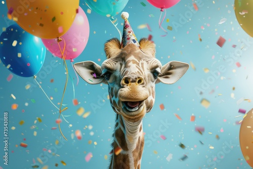 A funny giraffe with a party hat, confetti and colorful balloons.