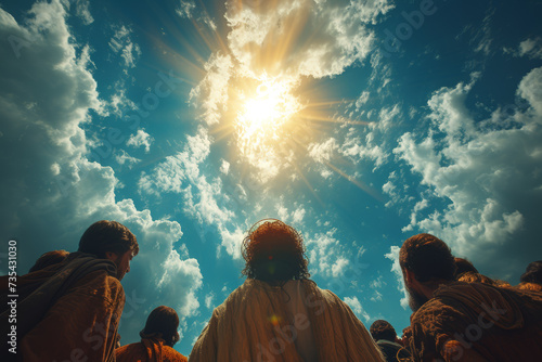 Staging of The disciples witnessing Jesus' ascension, portraying the awe and wonder of that pivotal moment in Christian theology. Concept of divine exaltation. Generative Ai. photo