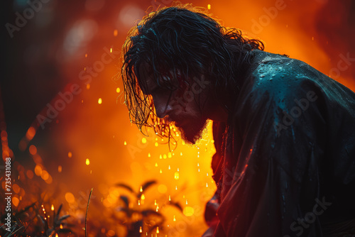 Imagination of Christ in the Garden of Gethsemane, praying earnestly as drops of blood fall to the ground, capturing the profound anguish before his arrest.  Generative Ai. photo