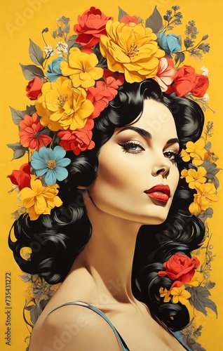 Vintage Illustration of a beautiful woman with colorful flowers on her head, yellow background, collage, Pin up, pop art,