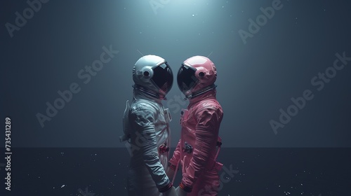 White and Pink Astronauts Holding Hands, Symbolizing Love, Minimal Concept