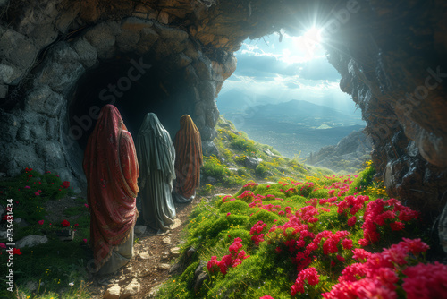 Staging of The women discovering the empty tomb on the morning of the resurrection, evoking a sense of awe and mystery. Concept of the empty tomb. Generative Ai.
