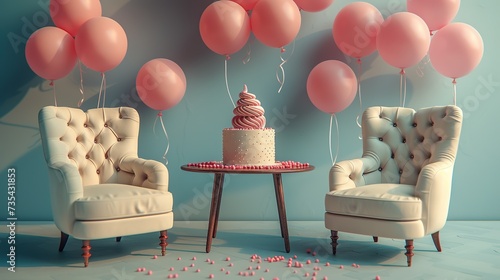 Birthday Vibes: Minimalist Decor, Cake, Pink Balloons