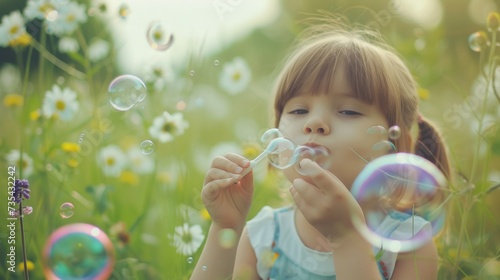 Joyful Young Girl Blowing Bubbles in Flower Field