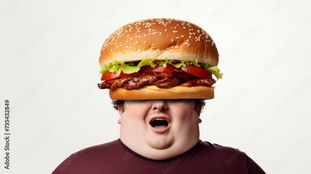 Fat man with burger head wearing a t-shirt. Concept of fast food, unhealthy eating, appetite, surreal art, and humor. White background Fat man with burger head wearing a t-shirt. Concept of fast food, unhealthy eating, appetite, surreal art, and humor. White background
