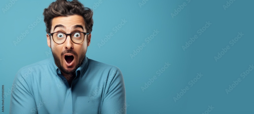 Excited man with a shocked expression, wide eyes, open mouth. Blue background. Concept of surprise announcement, unexpected news, joyful reaction, promotional content. Wide banner with copy space Excited man with a shocked expression, wide eyes, open mouth. Blue background. Concept of surprise announcement, unexpected news, joyful reaction, promotional content. Wide banner with copy space