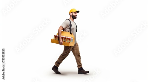 Smiling man in casual attire, holding beer bottle basket, isolated on a white background. Concept of beer tasting, party, friendly gathering, and enjoyment. Copy space