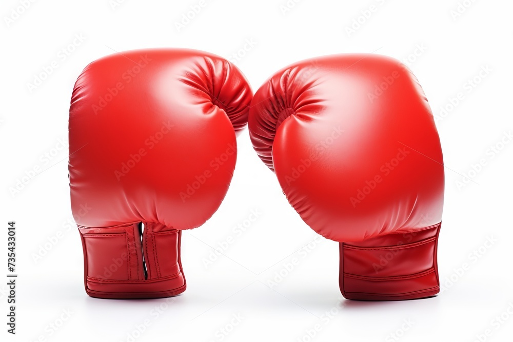 Pair of red boxing gloves isolated on white background. Concept of boxing equipment, combat sports gear, training accessory, and worn athletic items.
