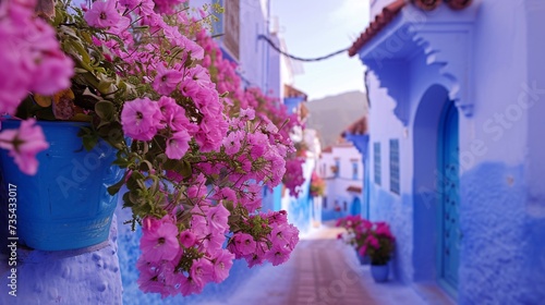 a pink flowers on a blue wall © DIAMOCK