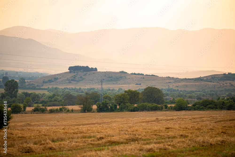 Stunning landscape of a dry orange grass field with mountains in the distance and a hill top with trees. Orange skies from sunset.