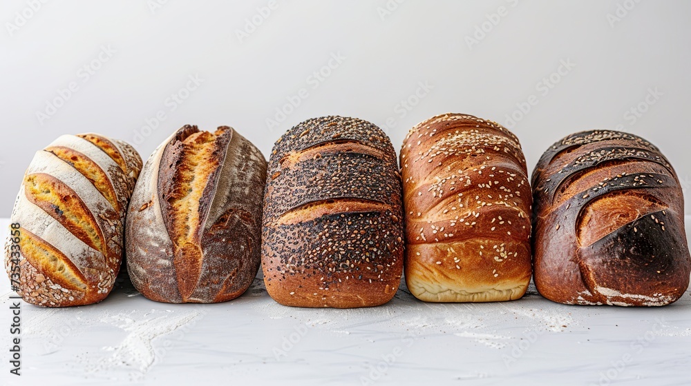 A variety of fresh breads on a white background exuding tempting aromas and inviting delight. Diverse selection of breads ensuring a satisfying tasting experience. A variety of fresh breads on a white background exuding tempting aromas and inviting delight. Diverse selection of breads ensuring a satisfying tasting experience.