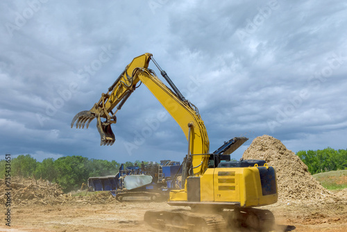 Forestry mulcher in loading roots trees to of industrial shredder machine chopped wooding