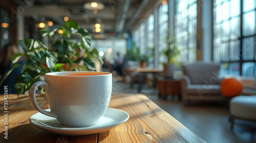 Background from cups of coffee or tea on the table in the office in the background with office workers