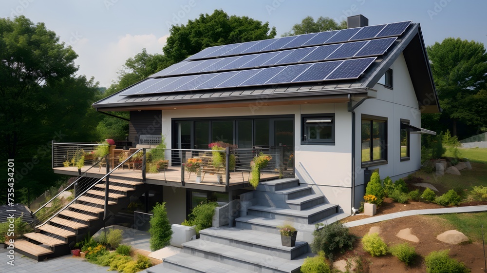 An eco-friendly home with solar panels integrated into the roof design.