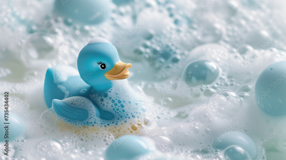 Blue rubber duck floating in bath with soap foam and bubbles Blue rubber duck floating in bath with soap foam and bubbles