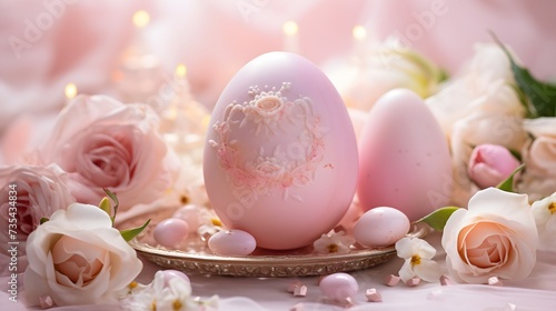 An enchanting scene showcasing a pastel pink Easter egg adorned with delicate floral designs, resting on a bed of soft pink rose petals.
