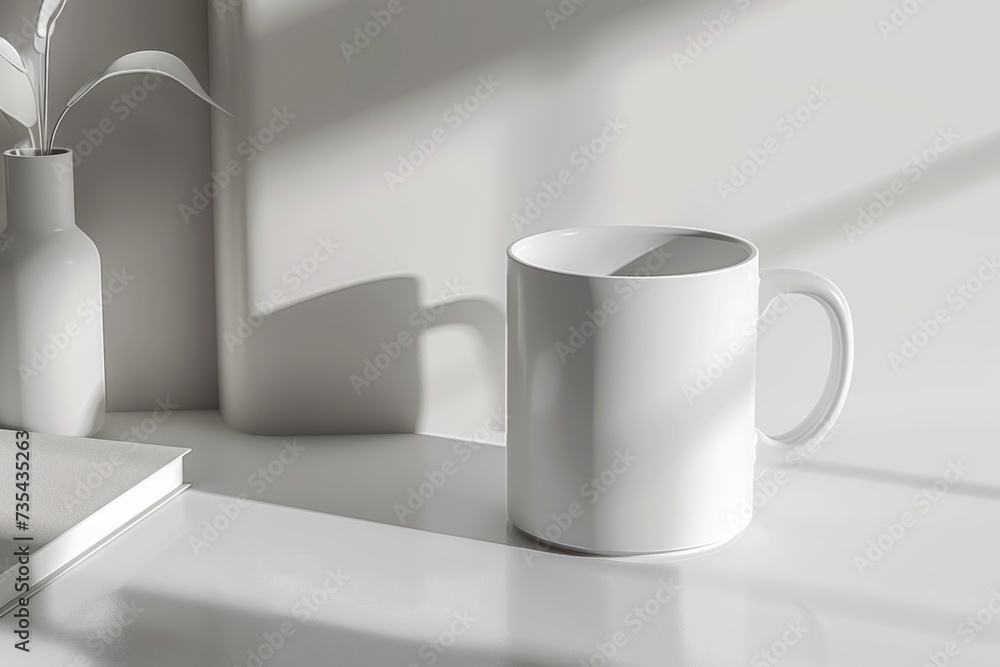 A Delicate Symphony: A White Coffee Cup and a White Vase. Generative AI. A Delicate Symphony: A White Coffee Cup and a White Vase. Generative AI.