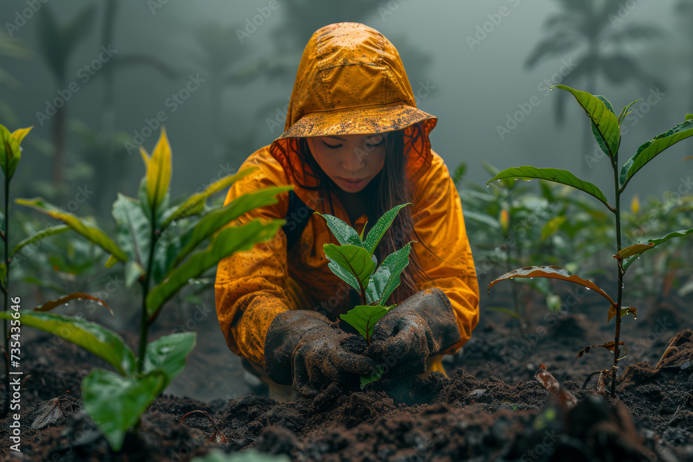 A photograph highlighting the resilience of environmental activists planting trees in deforested areas, contributing to the restoration of ecosystems.  Generative Ai.