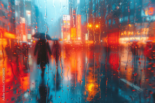 Reflections of people walking in a rainy city  their faces hidden by raindrops on the glass surfaces. Concept of obscured identities in urban rain. Generative Ai.